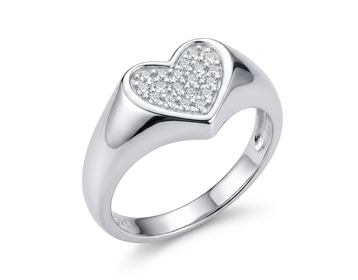 Anillo Sello Corazón · Pavé Moissanita